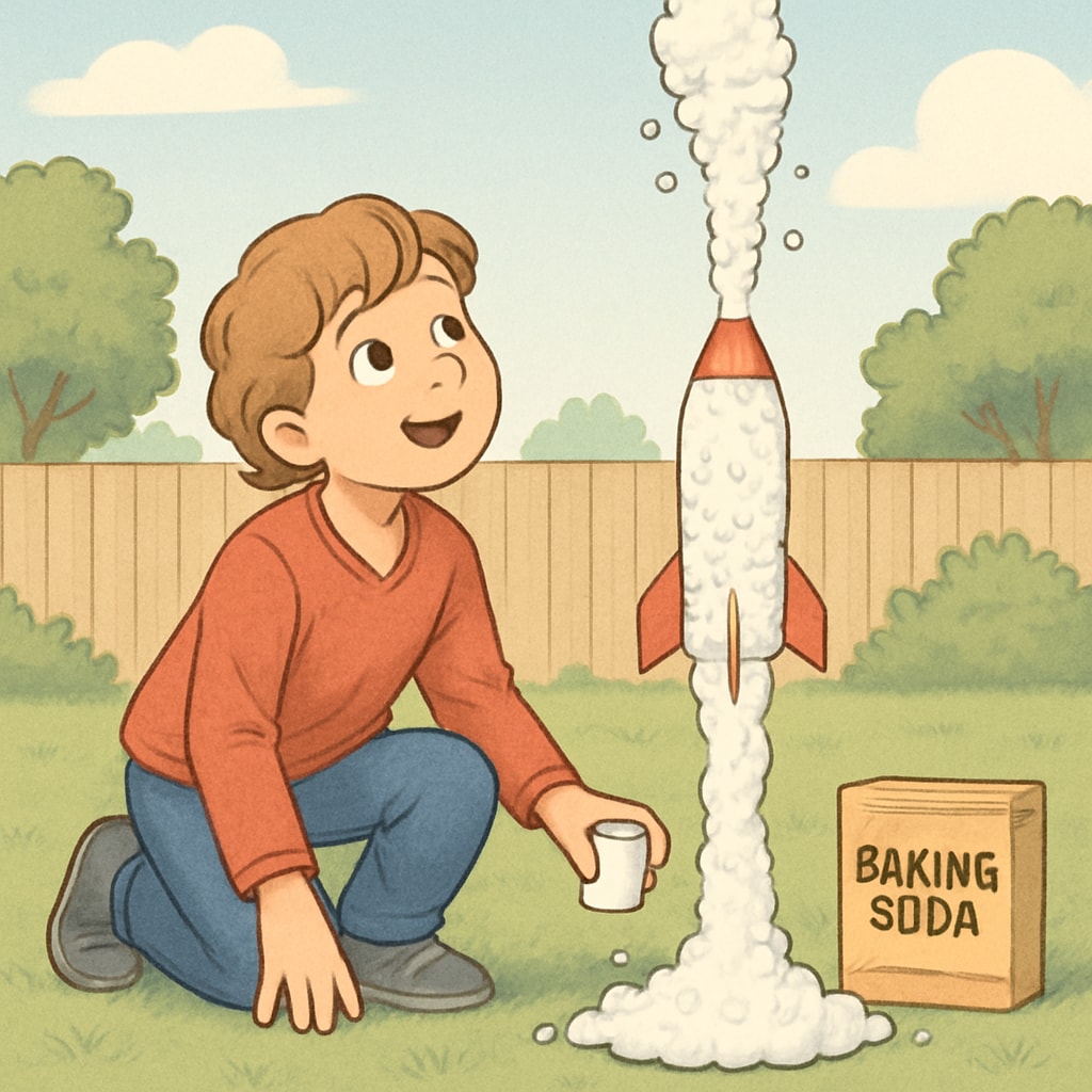 Family science experiment with baking soda rocket