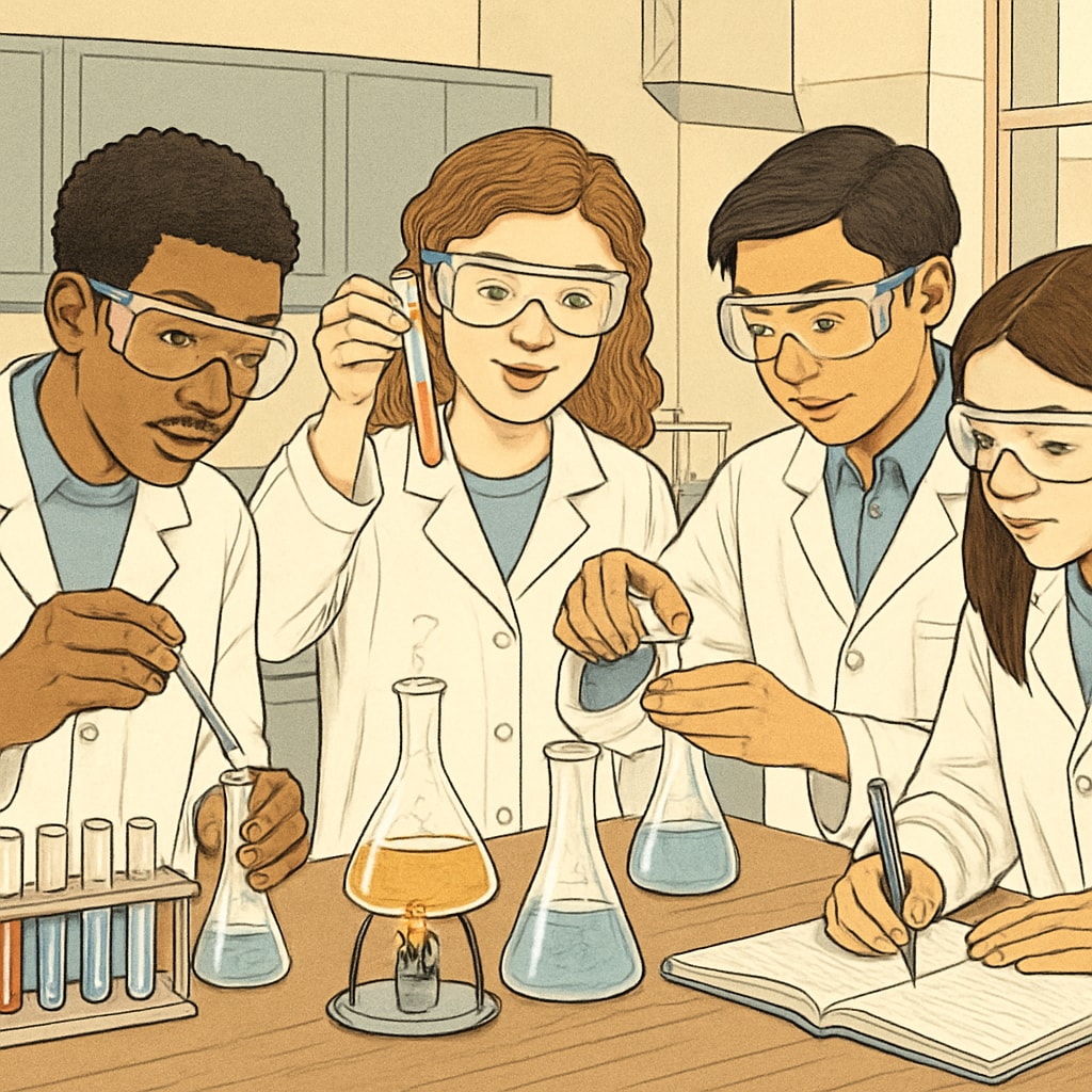 High school chemistry research project team in laboratory