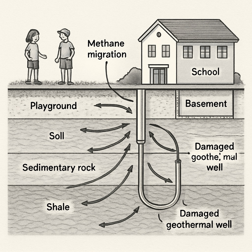 Methane leak pathway diagram from geothermal well to school building