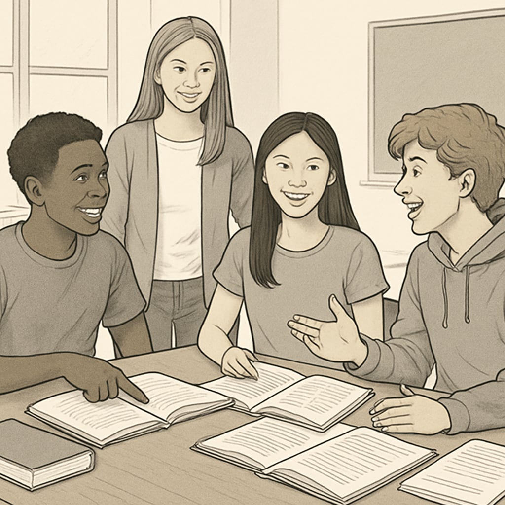 Diverse group of high school students engaged in post-class discussion, showing natural interaction and notebook annotations Students applying motivation theory through post-class reflection