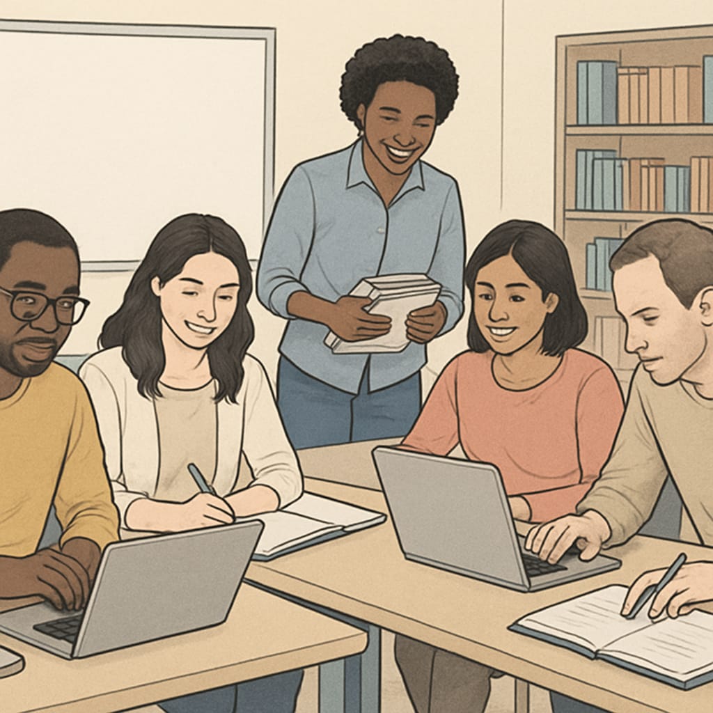 Adult learners engaged in schooling regardless of age, focusing on programming concepts