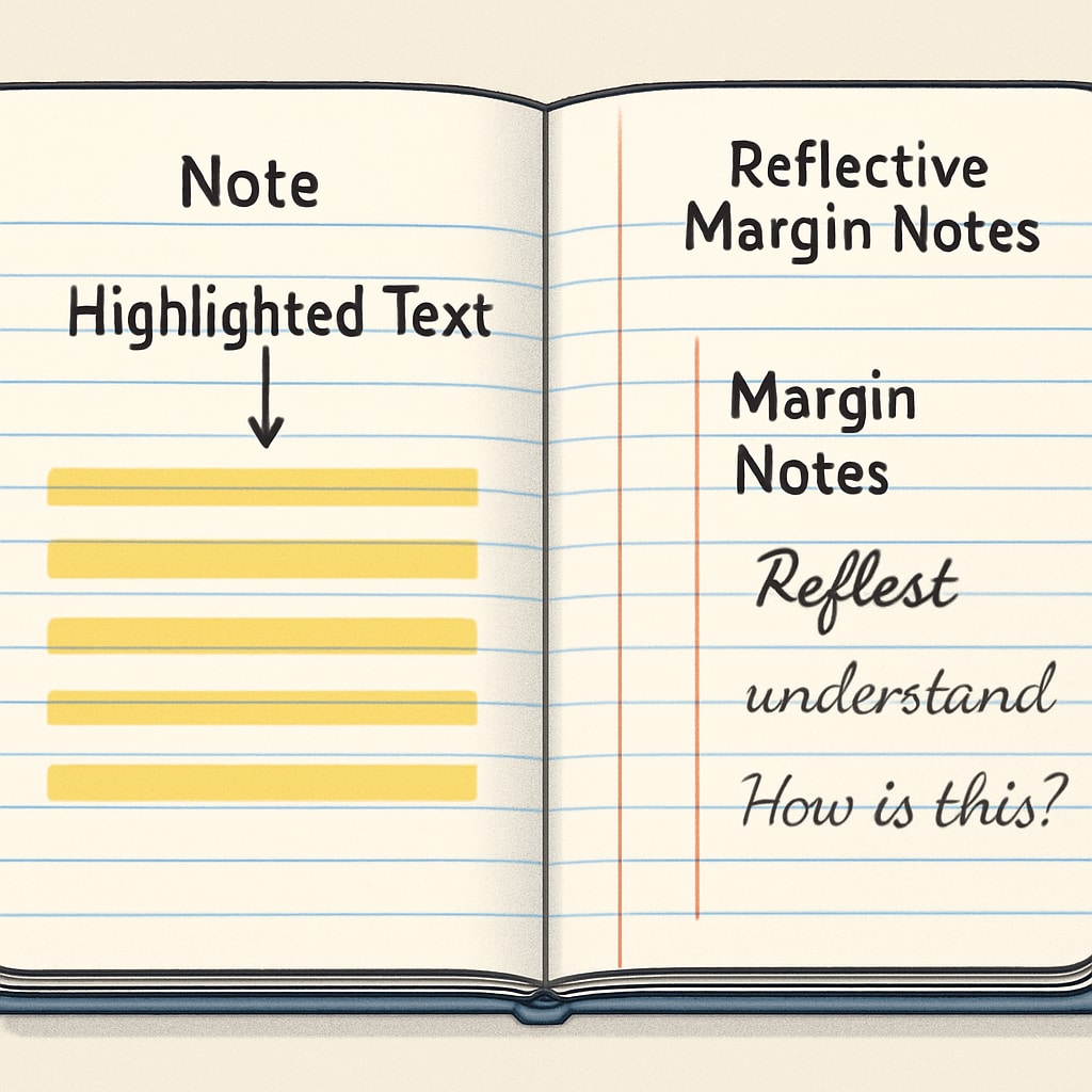 Close-up shot of a student's annotated notebook with highlighted text and reflective margin notes Visualizing the learning fatigue to reflection transformation
