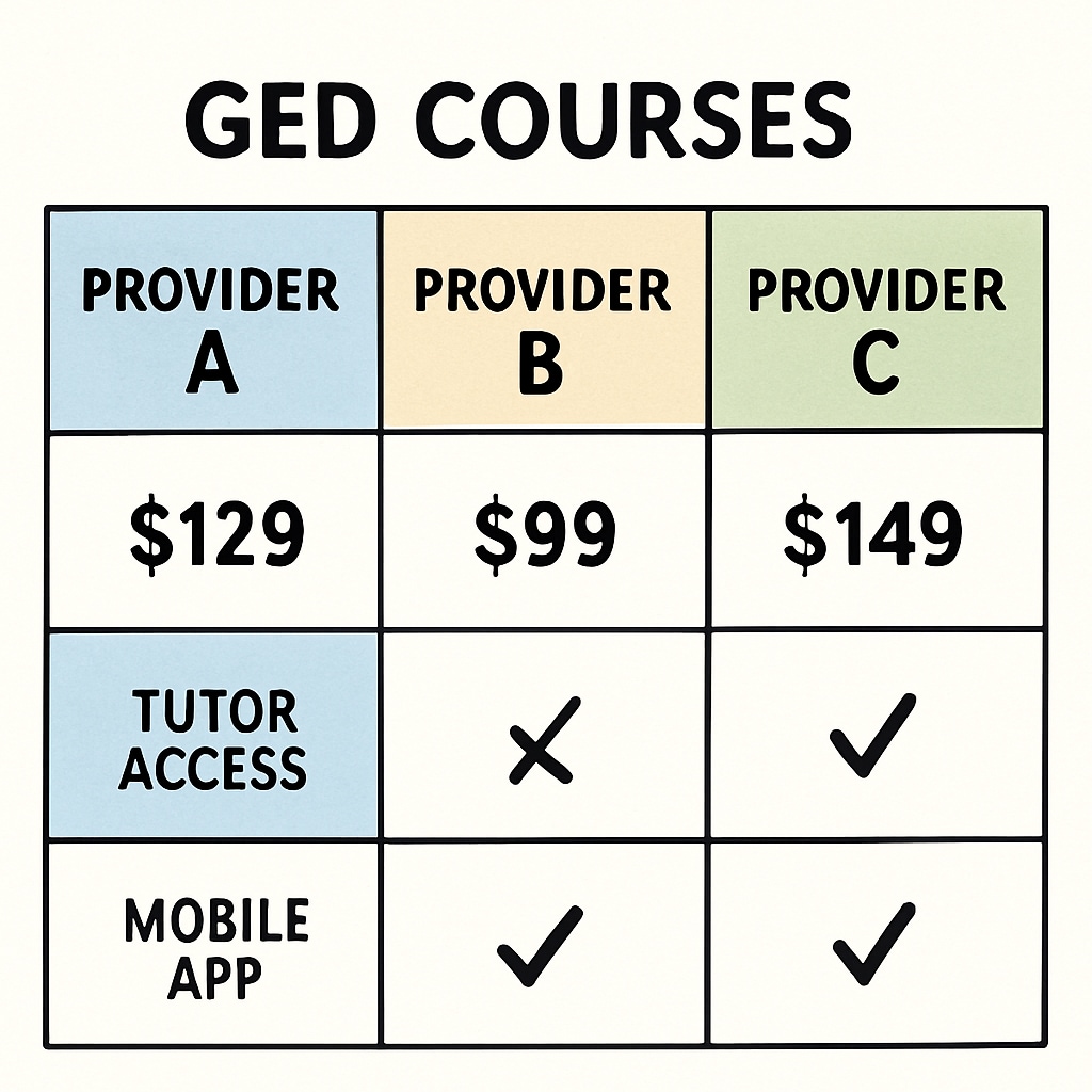 GED online course provider comparison chart
