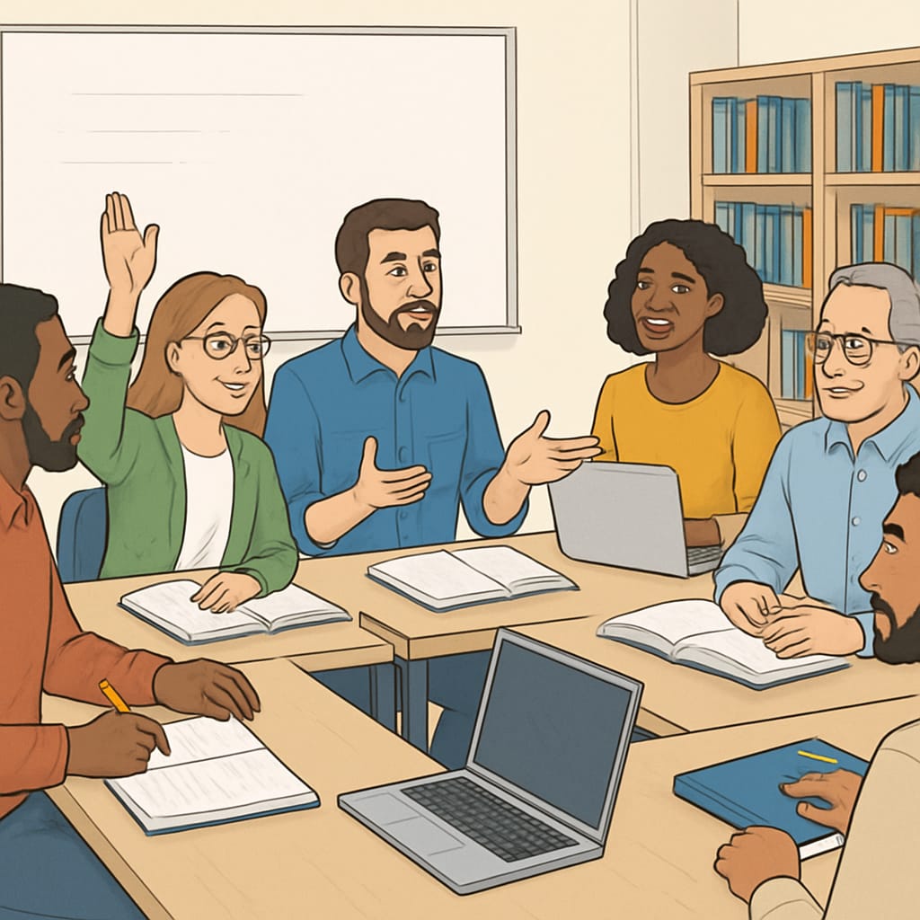 Continuing education students collaborating in modern classroom