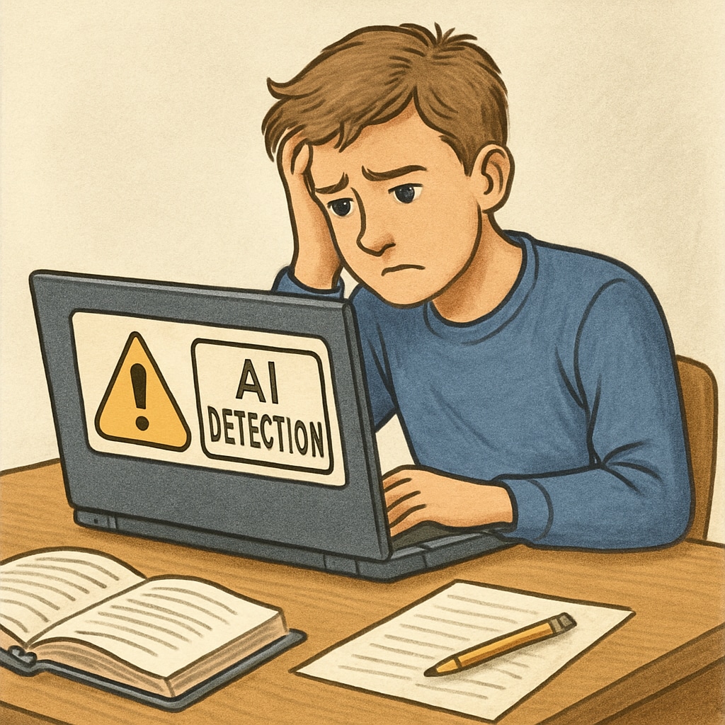 A frustrated student sitting at a desk with a laptop showing an AI detection warning message Student struggling with AI detector false positive