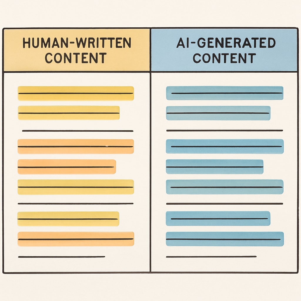 Side-by-side text comparison showing human-written and AI-generated content with color highlighting AI vs human writing comparison