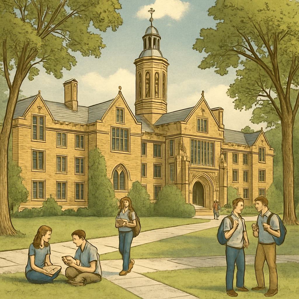 Historic building at Princeton University with students in foreground, showing traditional Ivy League campus environment Princeton University campus questioning Ivy League value