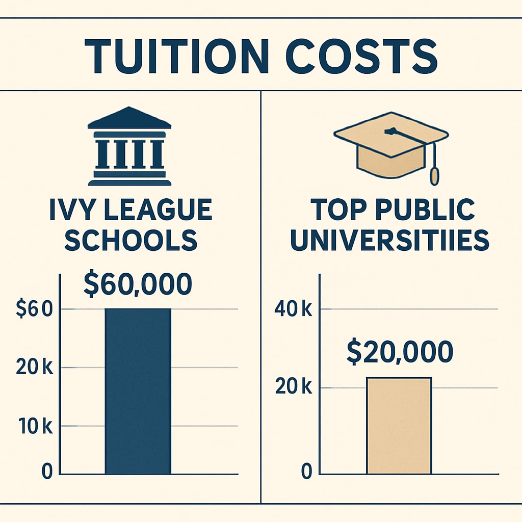 Infographic comparing tuition costs between Ivy League schools and top public universities Ivy League vs public university cost analysis