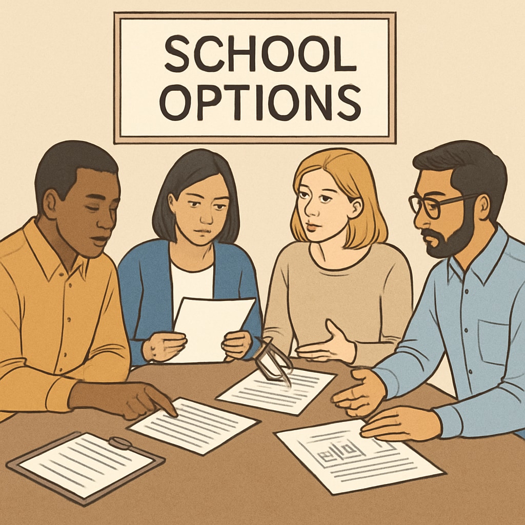 Parents discussing school choice between public districts and private education