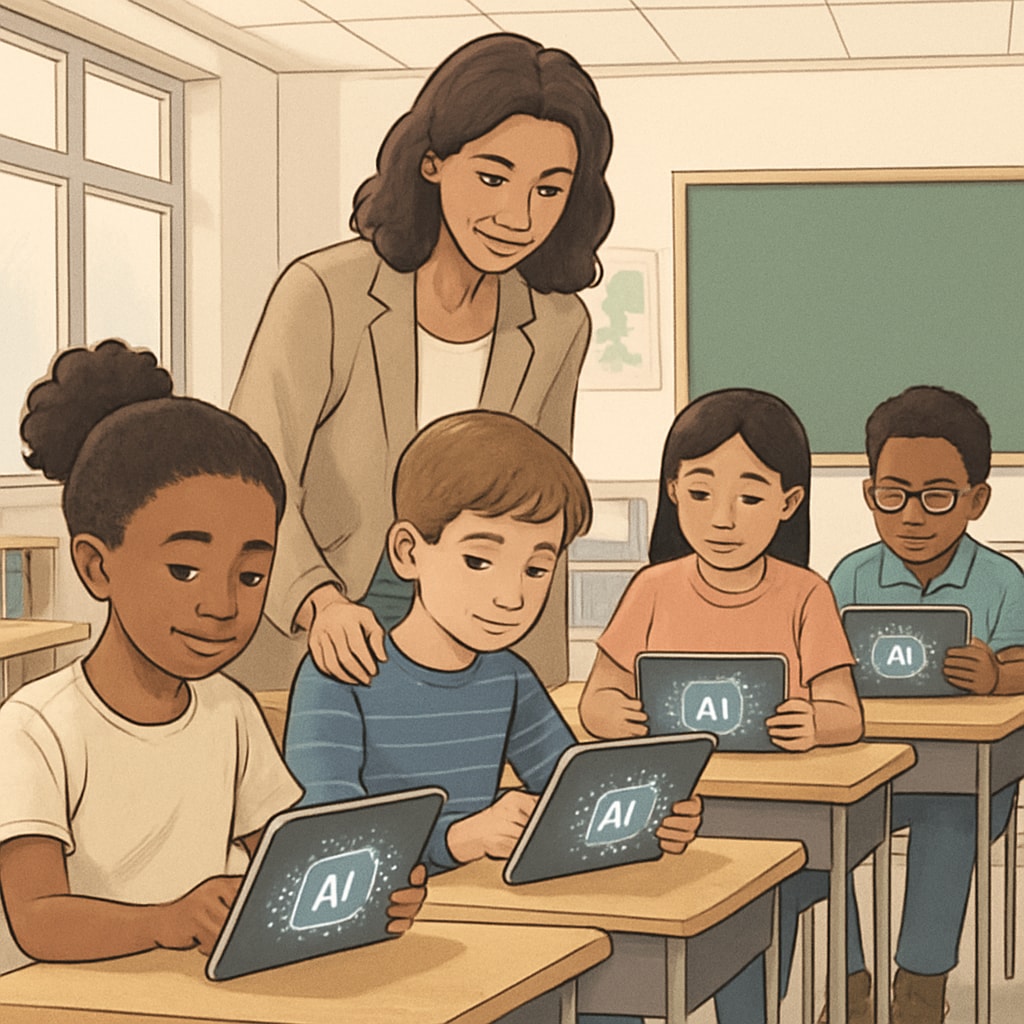 Diverse group of elementary students using AI-powered tablets with a teacher guiding them. Shows modern classroom technology integration. AI education in action at elementary school