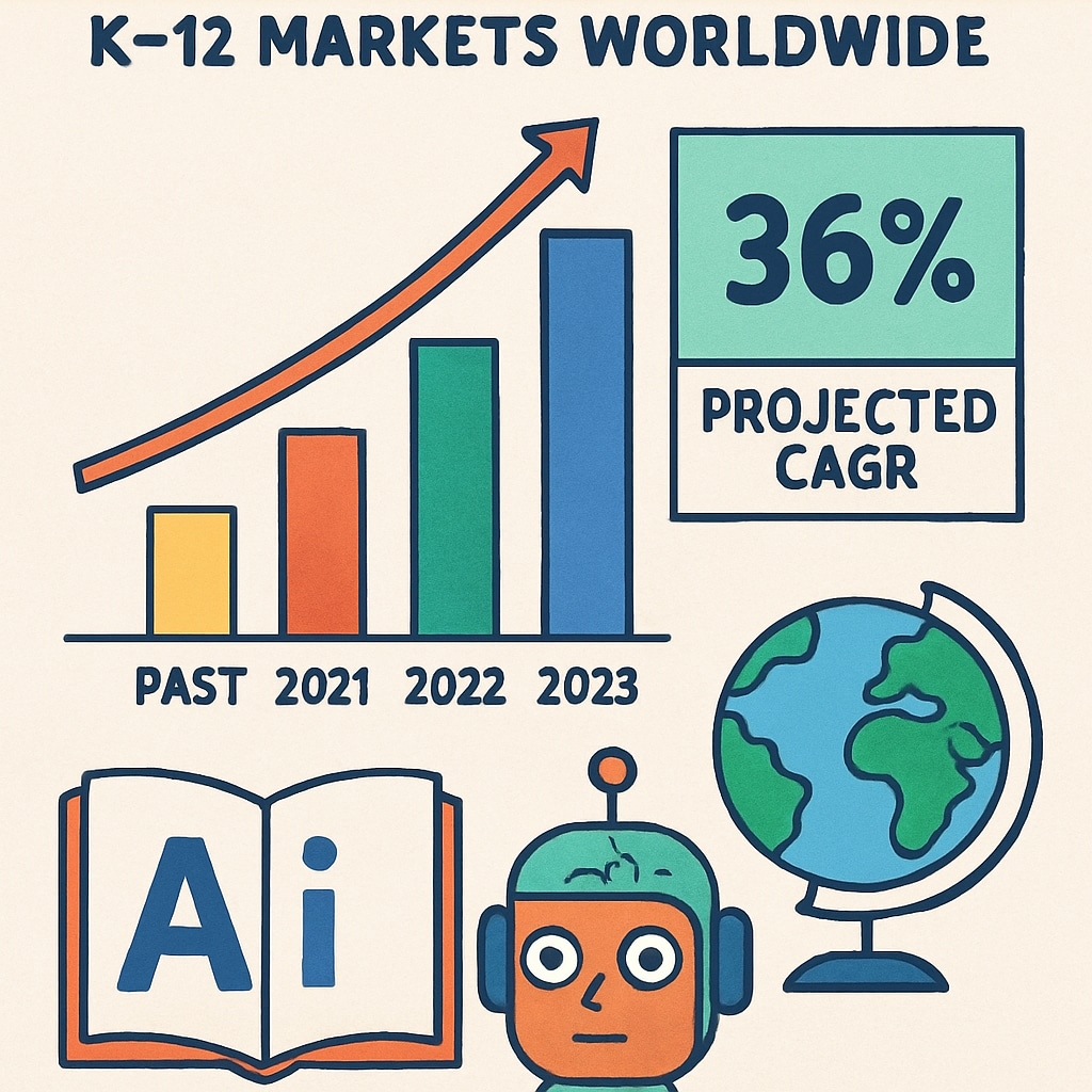 Colorful infographic illustrating the projected compound annual growth rate (CAGR) of AI education tools in K12 markets worldwide. AI in education market growth statistics