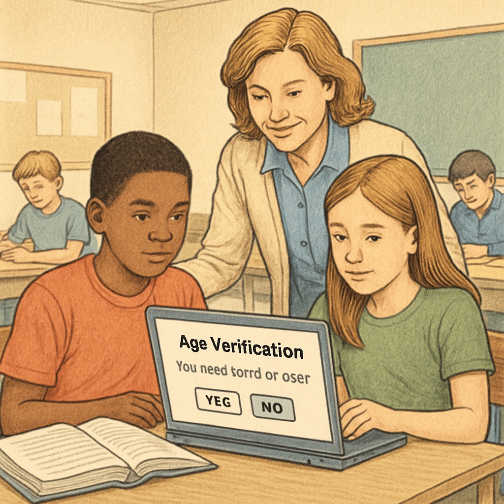 Teacher helping students navigate age verification requirements