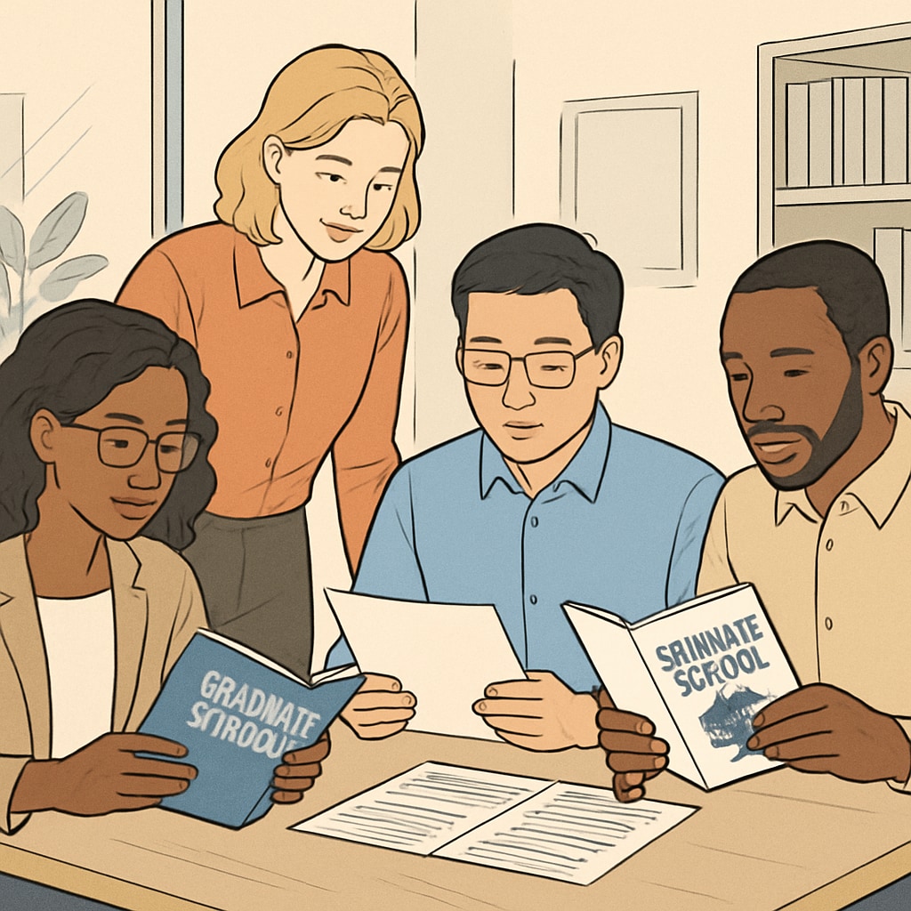 A diverse group of professionals in business casual attire reviewing graduate school brochures and documents in a modern office setting Professionals evaluating master's degree options for career development