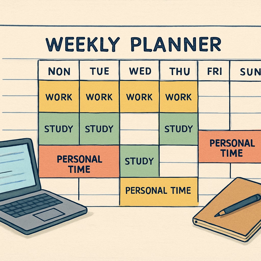 Color-coded weekly planner showing blocks for work, study, and personal time with a laptop and notebook visible Time management system for working graduate students