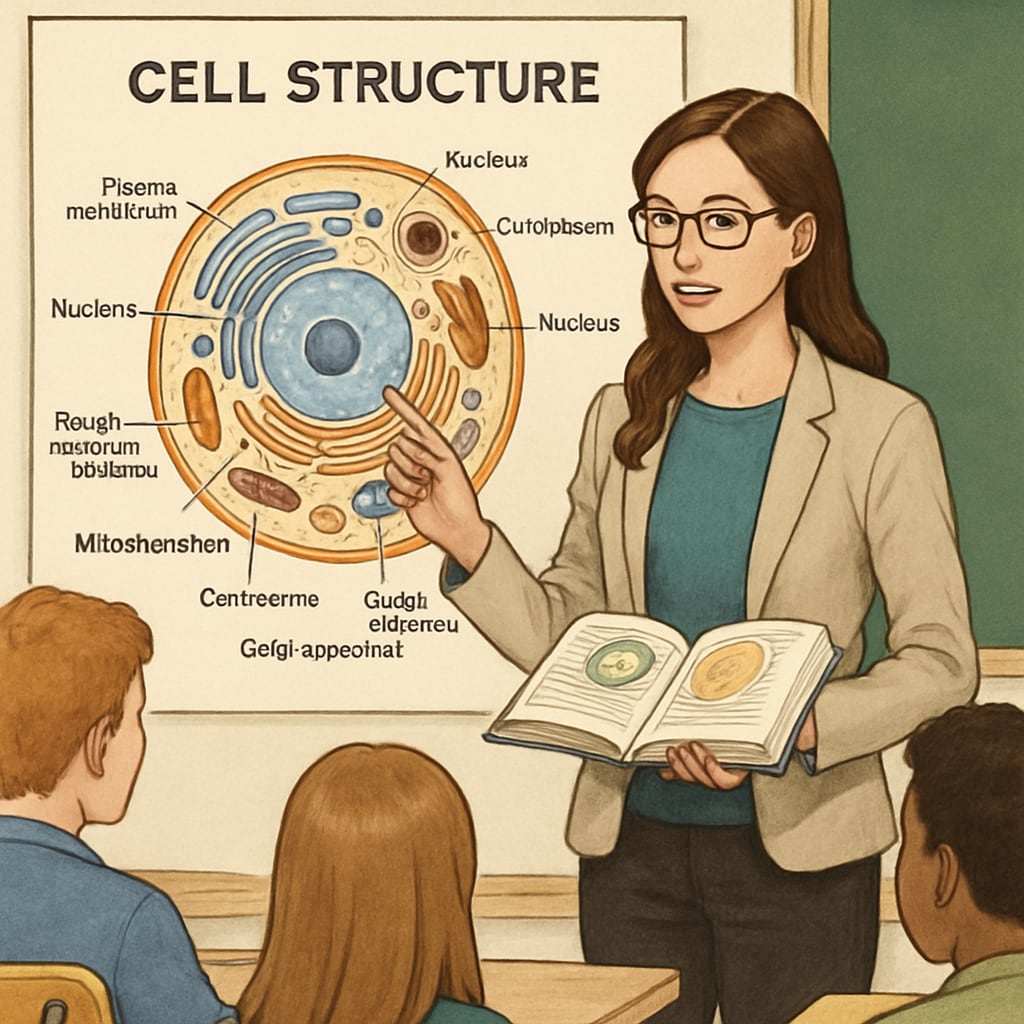 A young professional with a biology background teaching high school students about cell structure using visual aids Biology graduate applying science knowledge in classroom education