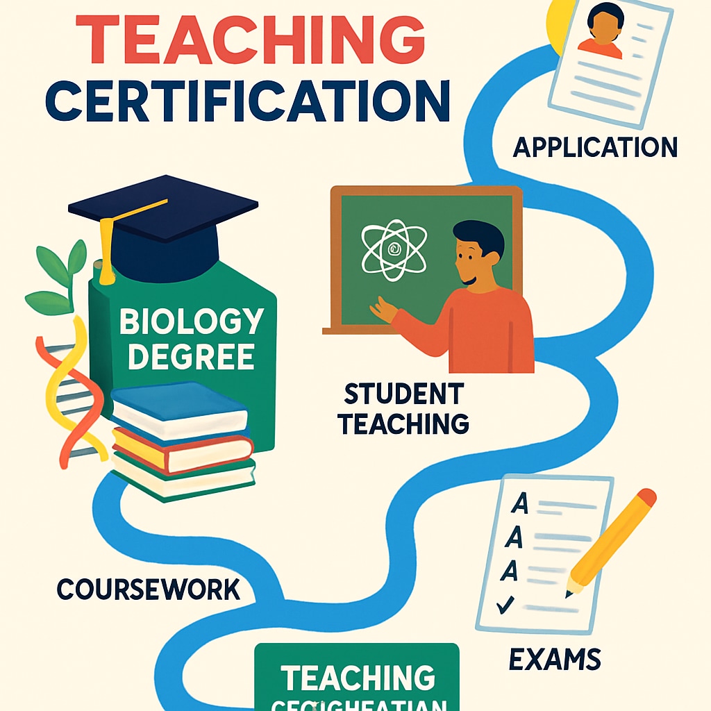 Colorful infographic showing progression from biology degree to teaching certification with milestones marked Step-by-step visualization of biology to education career path