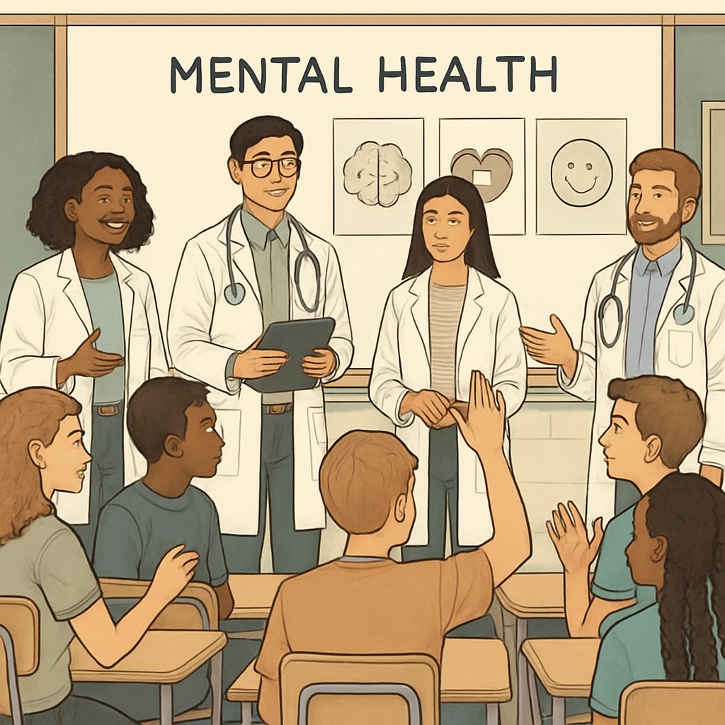 Medical students leading high school mental health education session