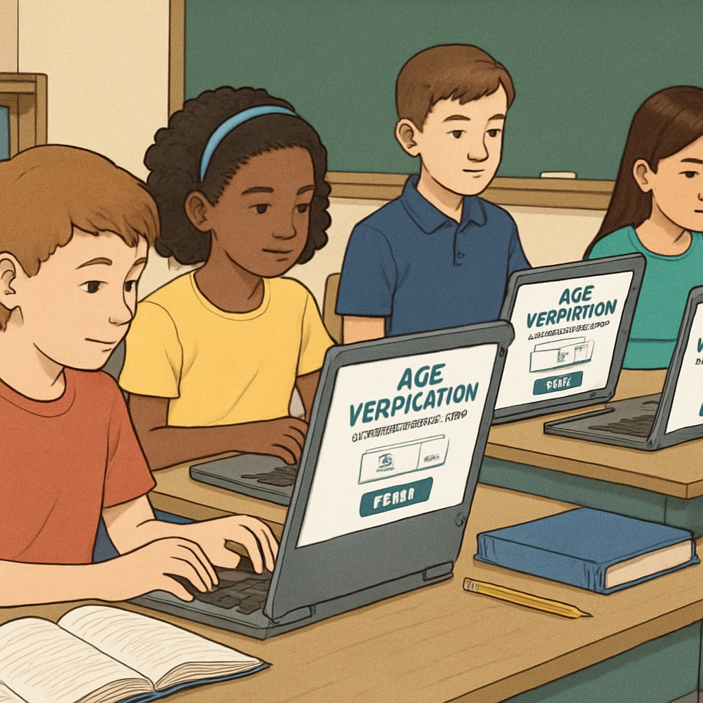 Diverse group of middle school students encountering age verification pop-ups while attempting to access educational websites on school laptops Age verification barriers in K12 education settings