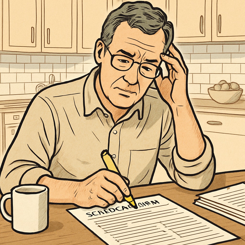 A middle-aged parent sitting at a kitchen table, frowning while examining complex school transfer forms with a highlighter in hand Parent struggling with school transfer paperwork due to district communication barriers