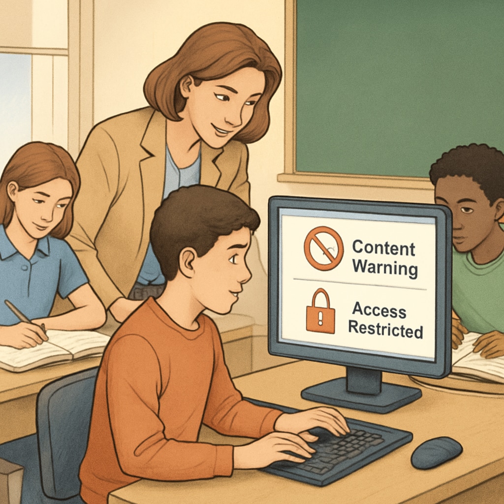 Classroom teacher assisting students with a computer displaying content restriction warnings during a research activity Educator navigating content moderation systems