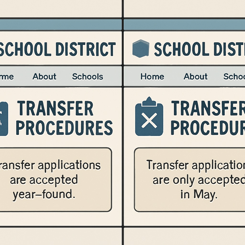 Split-screen image showing two different school district websites with contradictory information about transfer procedures Conflicting school transfer policies between districts