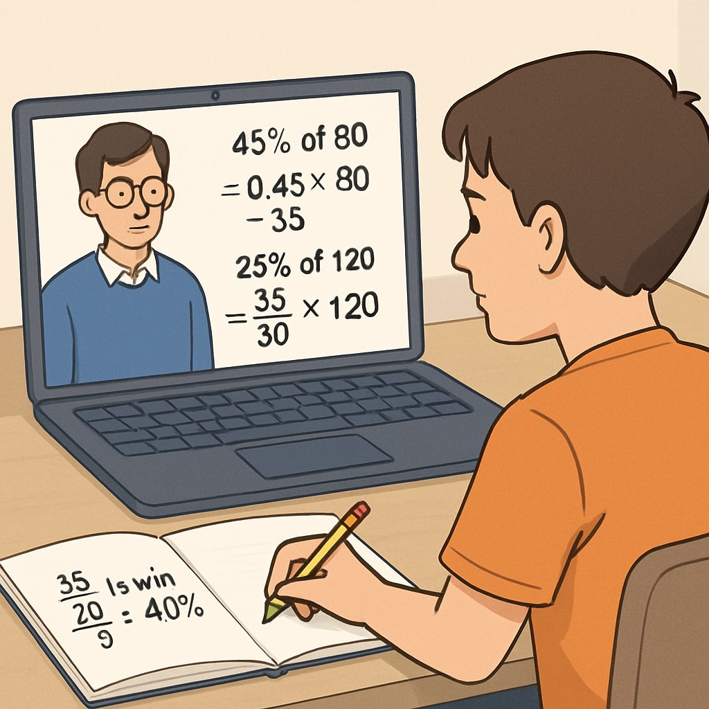 A student watching a math tutorial on a laptop with percentage calculations visible on screen Student learning applied mathematics through YouTube for campus recruitment