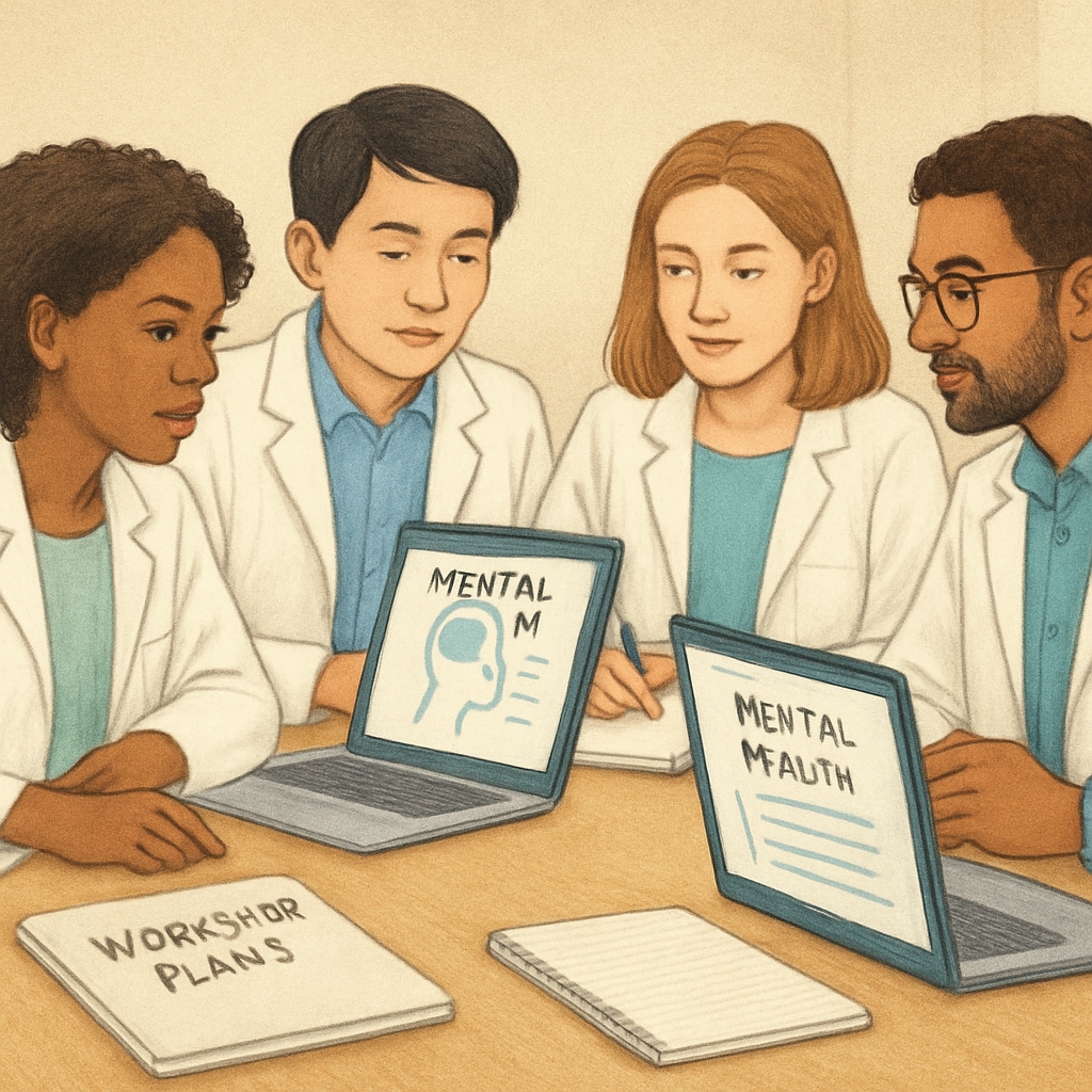 Medical students preparing high school mental health workshop materials