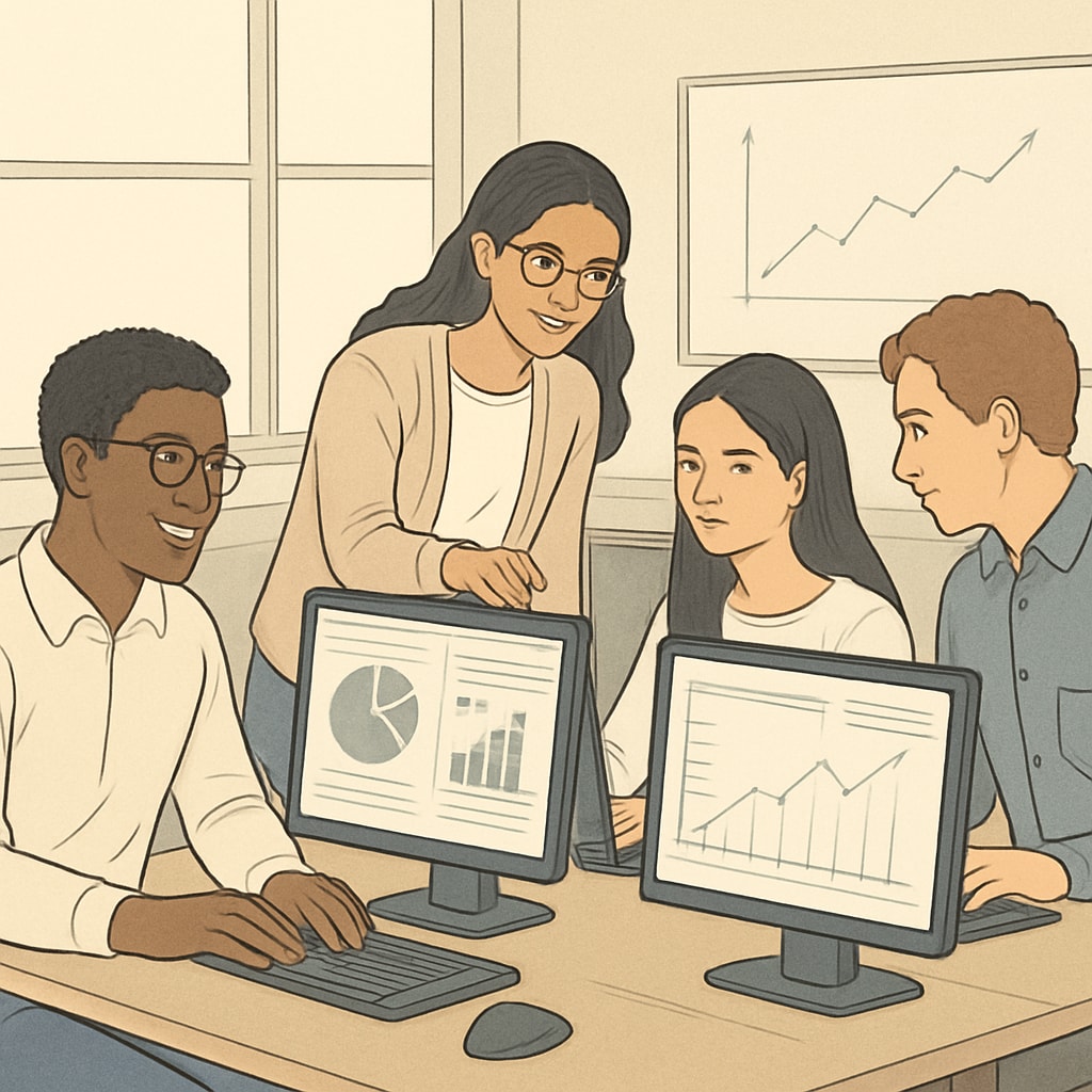International students collaborating in data science lab
