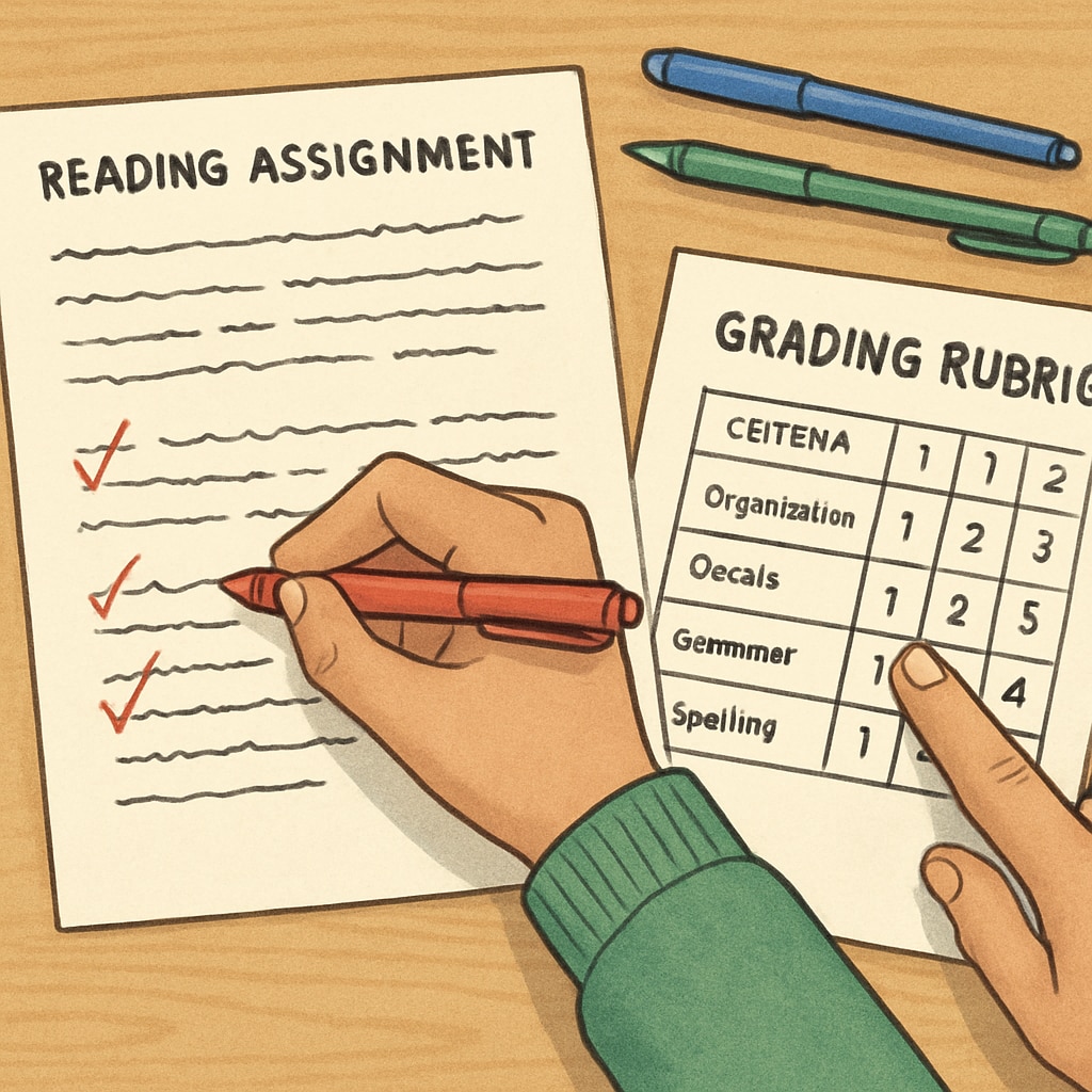 Close-up view of a teacher's hand marking a student's reading assignment with a grading rubric and colored pens Educator evaluating reading difficulty and text complexity