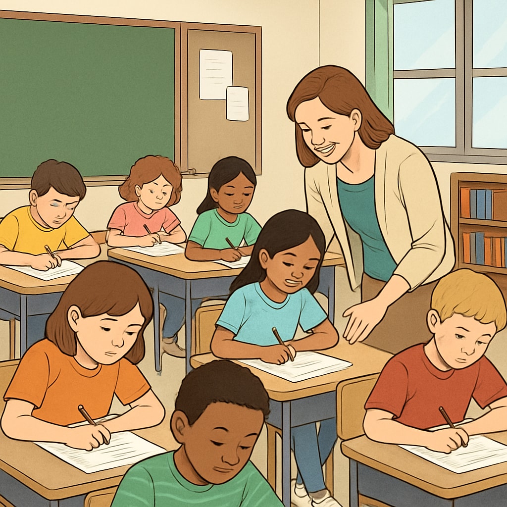 Elementary students completing reading comprehension assessments