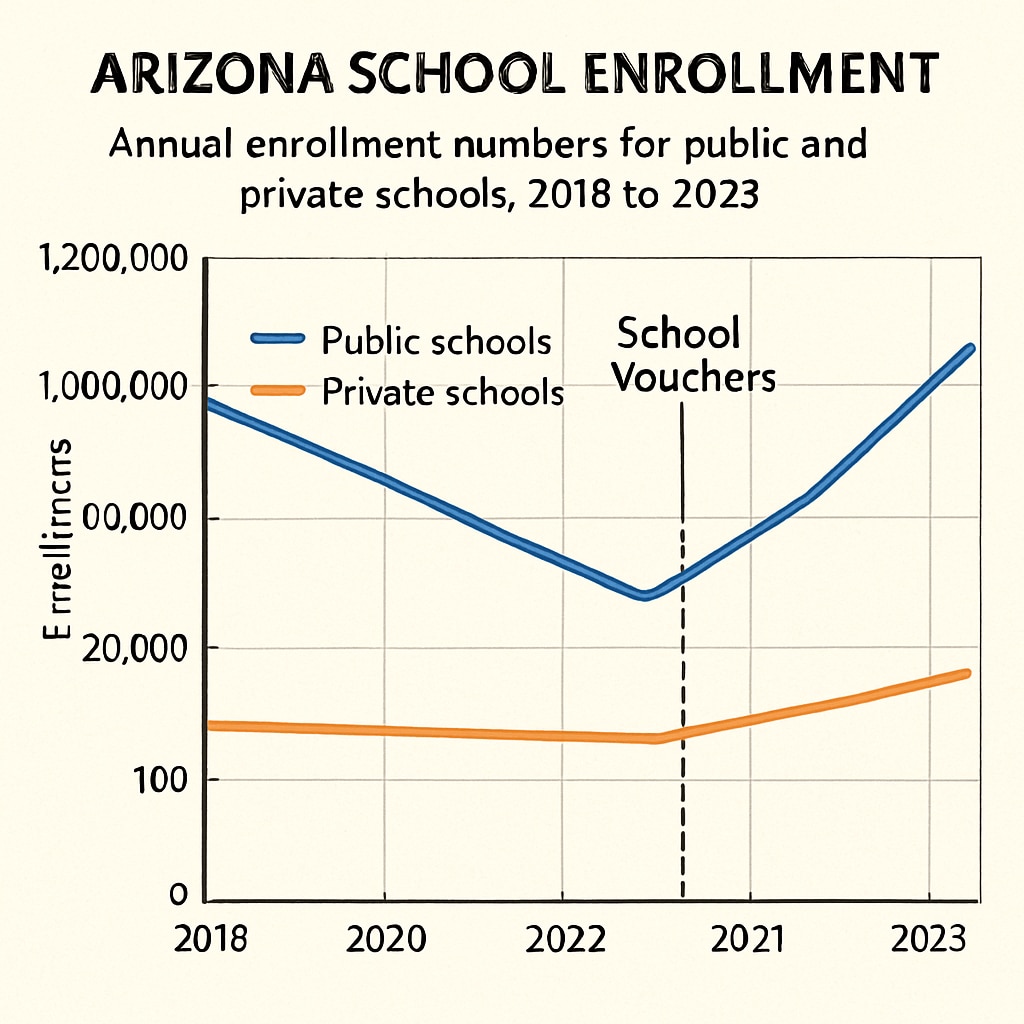 Line graph comparing annual enrollment numbers between Arizona public and private schools from 2018-2023, with clear inflection points after voucher implementation Education vouchers impact on Arizona school enrollment trends