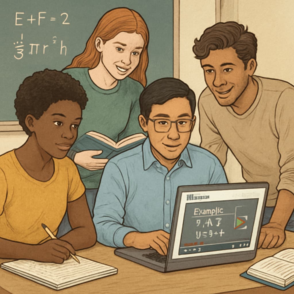 A diverse group of college students collaboratively solving math problems while watching YouTube tutorials on shared laptop Students improving math skills for campus recruitment using YouTube learning resources