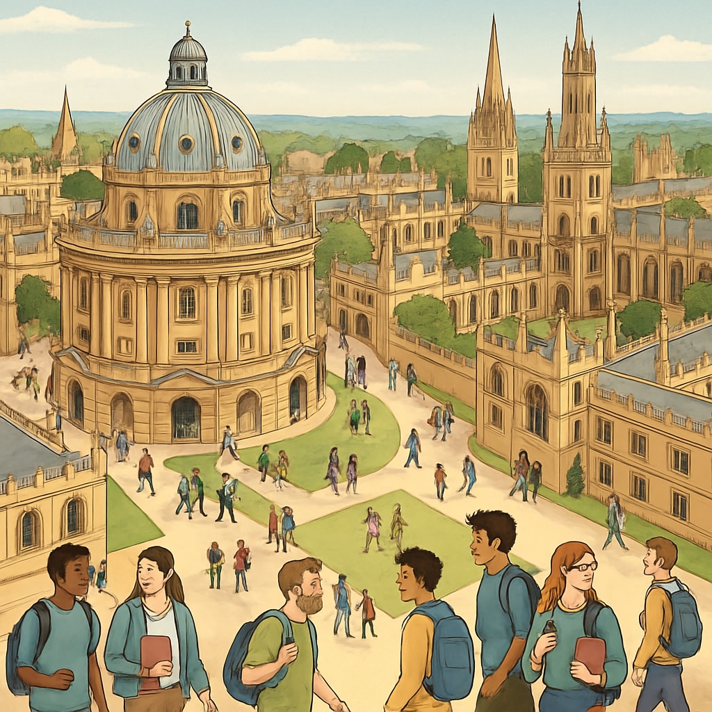 Oxford University campus showing diversity of students affected by international fees and immigration status policies