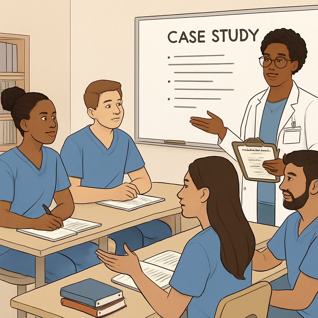 A diverse group of nursing students in a classroom setting, discussing a case study with a professor. Nursing students engaged in classroom learning for nursing program transfer success