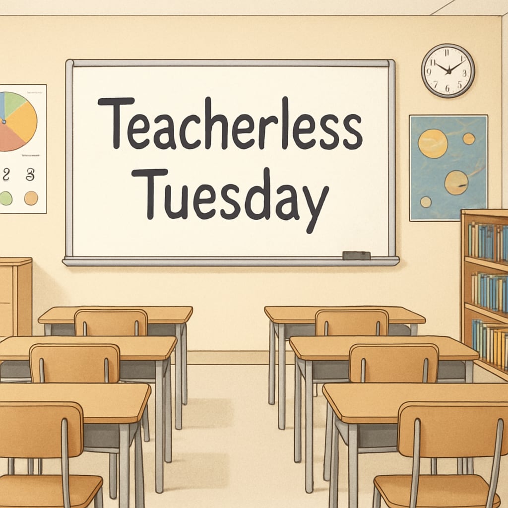 Teacherless Tuesday protest in empty classroom
