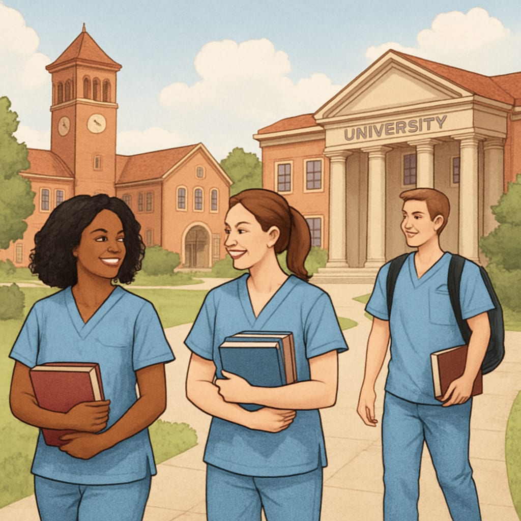 A university campus with nursing students walking between buildings, carrying textbooks and wearing scrubs. Campus life for nursing program transfer students