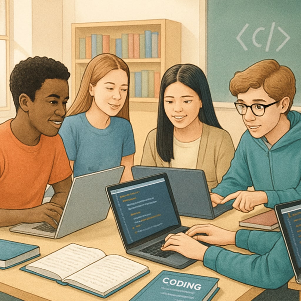 Diverse group of high school students working together on laptops during a coding workshop Students collaborating on IT career planning project