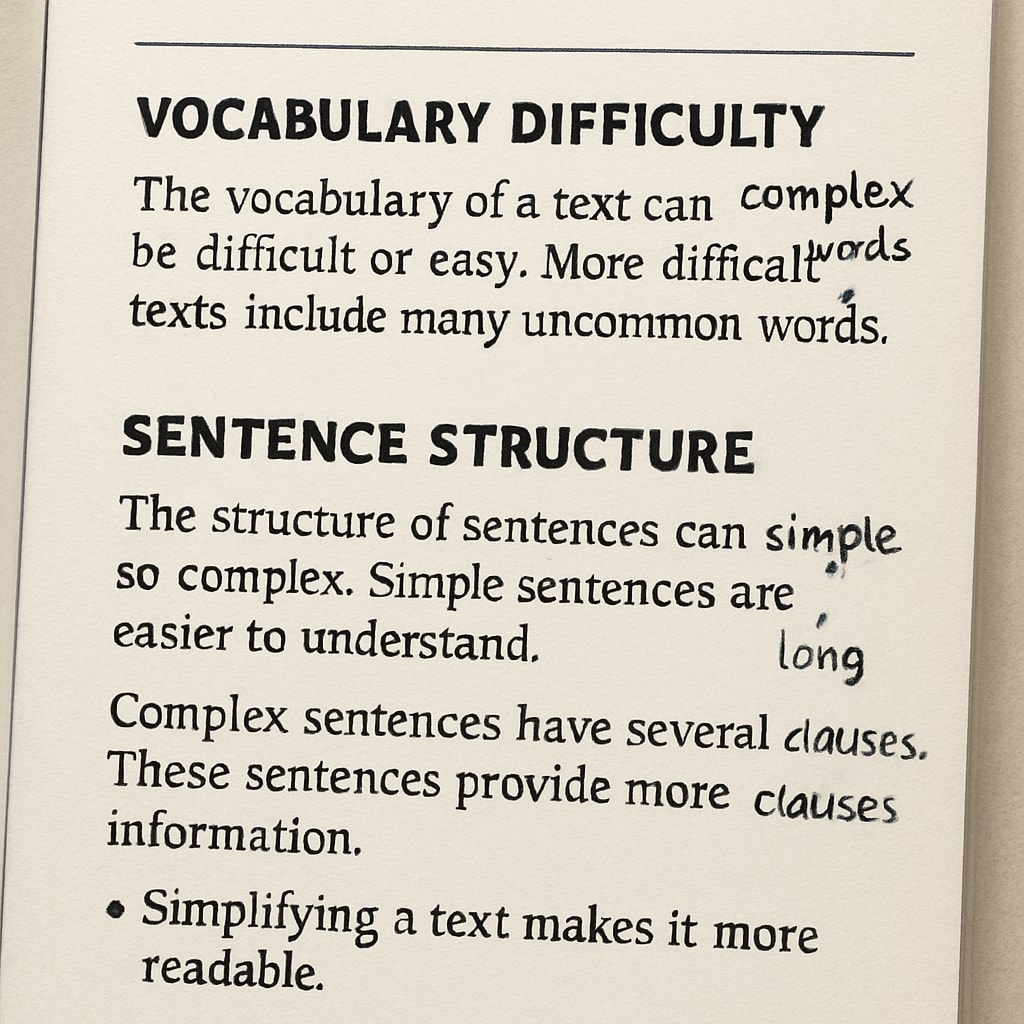 Teacher analyzing text complexity markers in reading materials