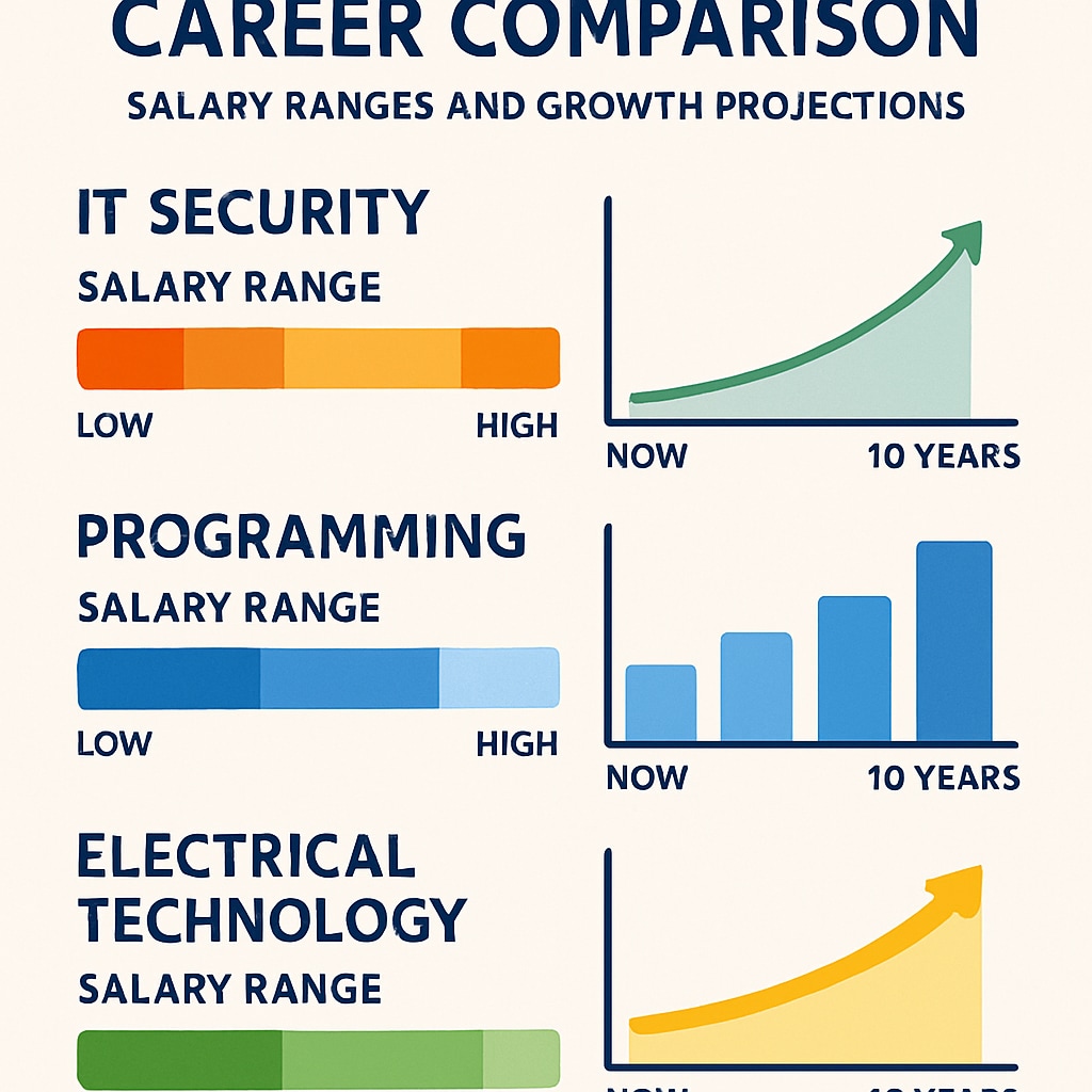 Colorful infographic comparing salary ranges and growth projections for IT security, programming, and electrical technology careers IT career growth infographic for university major selection