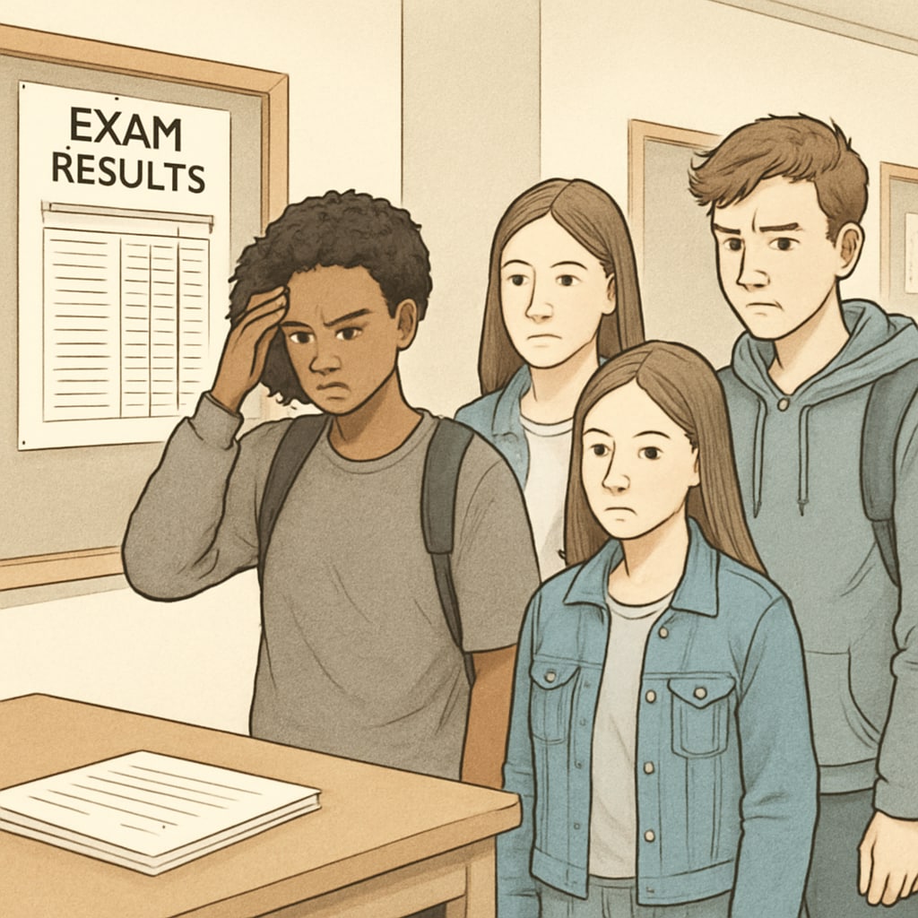 Students reacting to GCSE exam results with学业担忧 and self-doubt