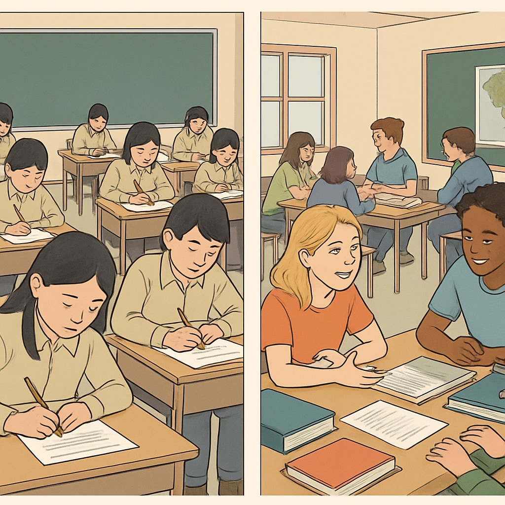 Split image showing a Chinese classroom with students focused on written tests (left) and an American classroom with students collaborating (right) Education systems comparison - exam-focused vs. discussion-based learning