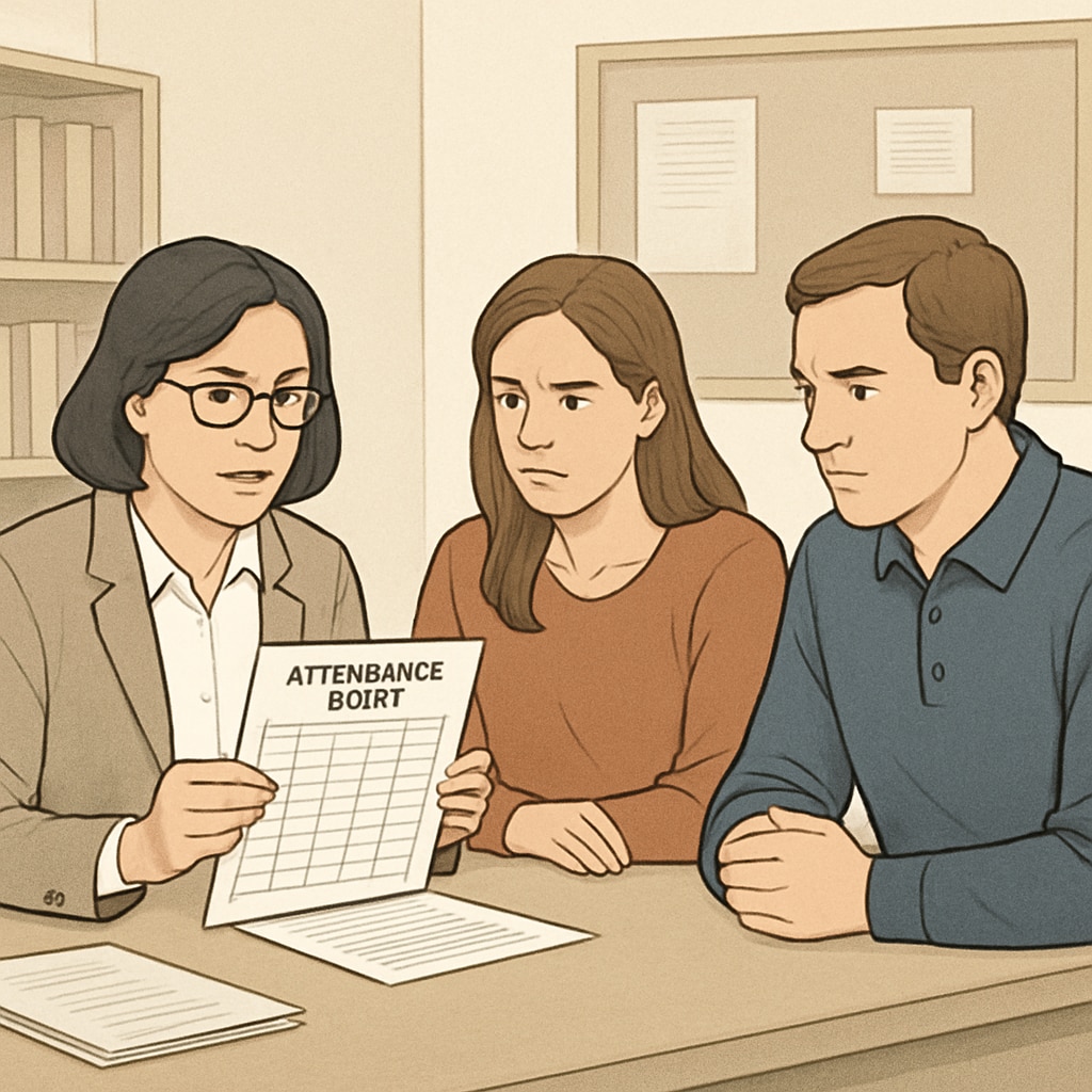 A school administrator in a professional setting reviewing printed attendance records with two concerned parents, showing a serious discussion about student absences. School administrator discussing truancy policies and attendance requirements with concerned parents