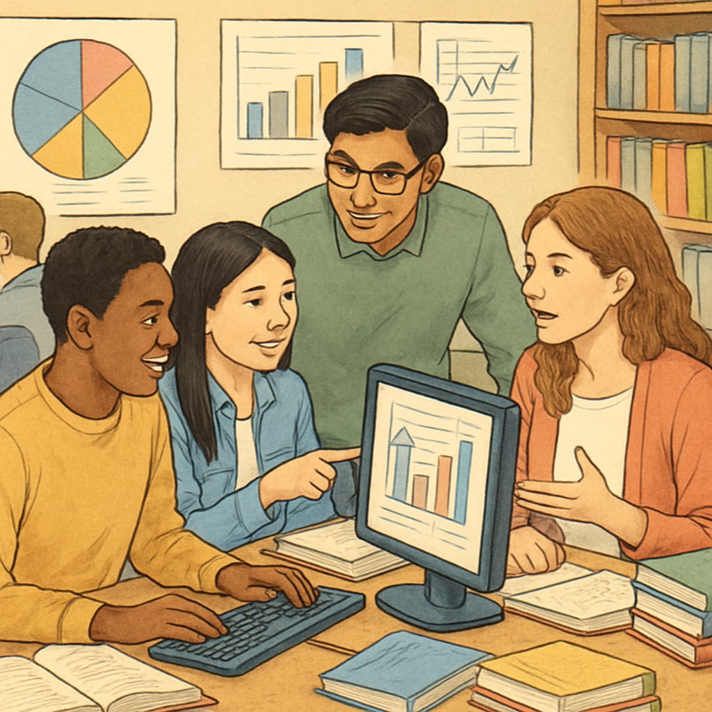 International students collaborating in data science lab