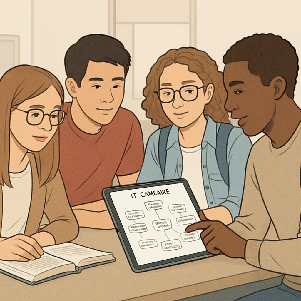 Diverse group of college students discussing IT career options while viewing a digital career map on a tablet University students exploring IT career paths