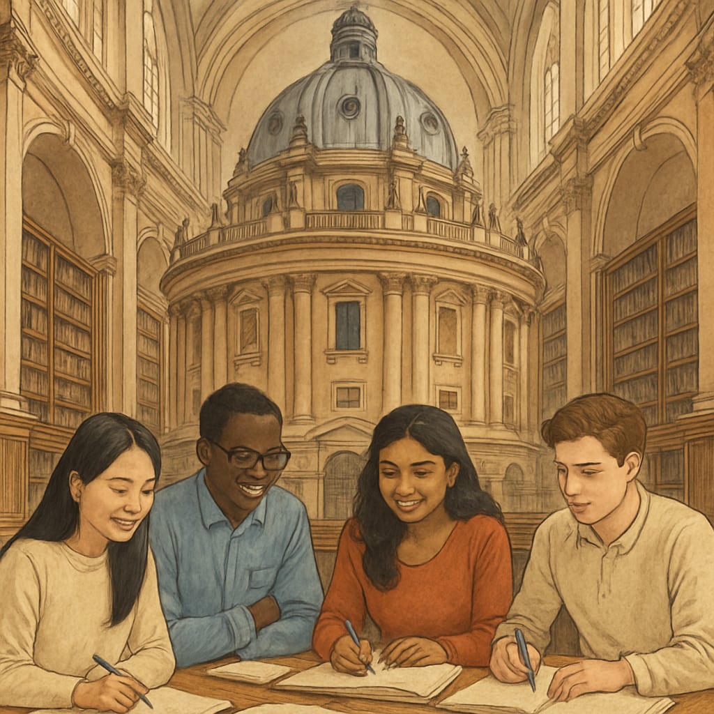 Oxford University international students discussing coursework in historic library