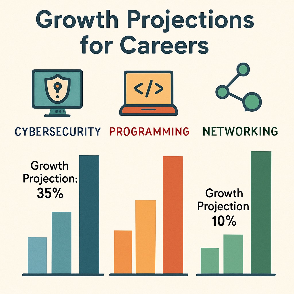 Color-coded infographic comparing growth projections for cybersecurity, programming, and networking careers IT specialty growth projections infographic