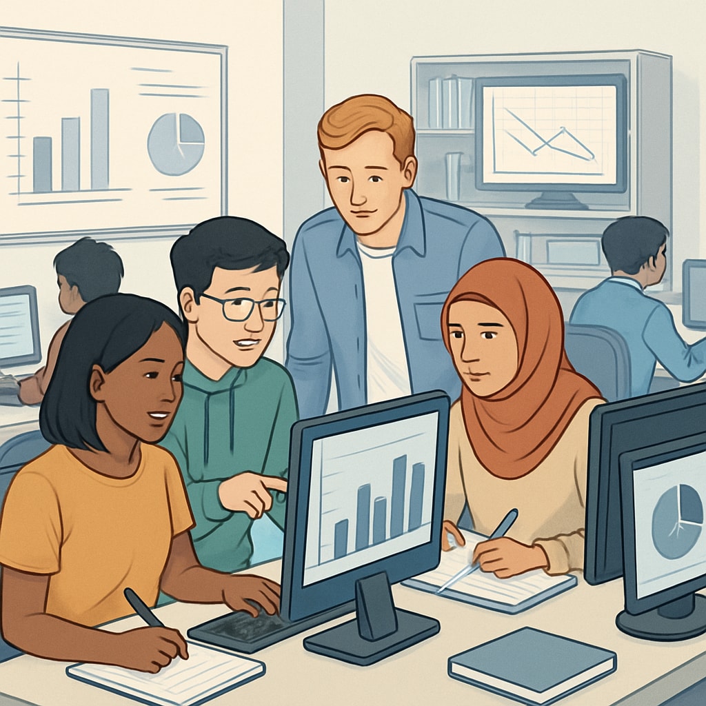 International students collaborating on data science projects
