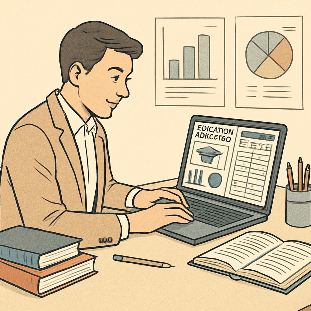 A young professional working with education analytics software and financial spreadsheets on a modern laptop Business analytics and finance professional in education sector