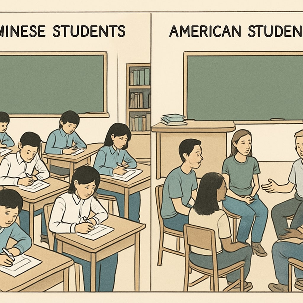 Comparative classroom scene showing Chinese students at individual desks taking written exams versus American students in group discussion circles Education systems exam evaluation resource allocation comparison in classroom settings