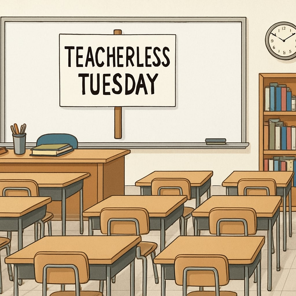 Empty classroom with protest sign on whiteboard, showing organized materials for Teacherless Tuesday action Teacherless Tuesday protest classroom with educational materials visible
